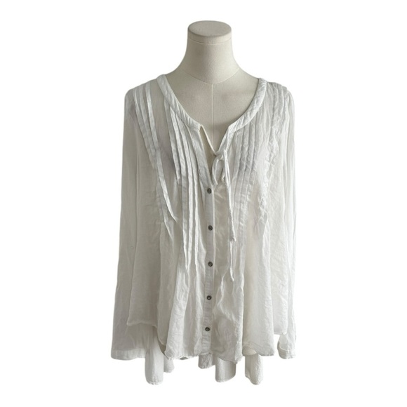 FREE PEOPLE Flowy High Low Long Sleeve White Button Up Shirt Top Size L Boho - Picture 2 of 6